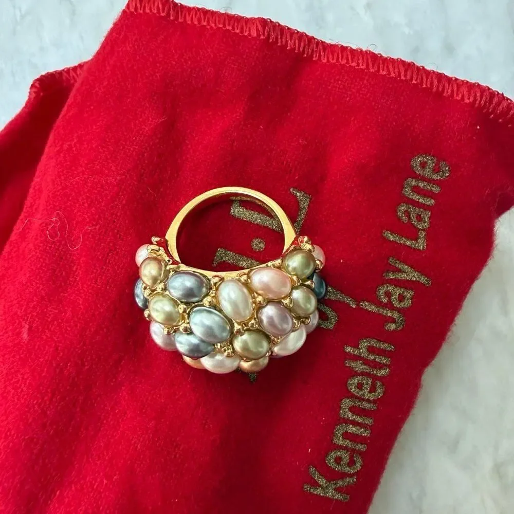 Kenneth Jay Lane vintage gold tone ring dome multi-colored faux pearls New sz 6